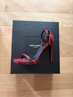 Saint Laurent Red Snake-Print Stiletto Sandals with Ankle Strap
